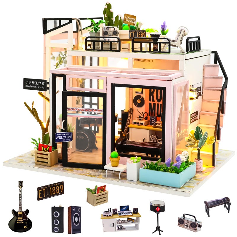 Spilay DIY Miniature Dollhouse Kit with Wooden Furniture,DIY Dollhouse Kit with Dust Proof and Music Movement,1:24 Scale Creative Room for Romantic Valentine's Gift(Time Studio) - Image 1